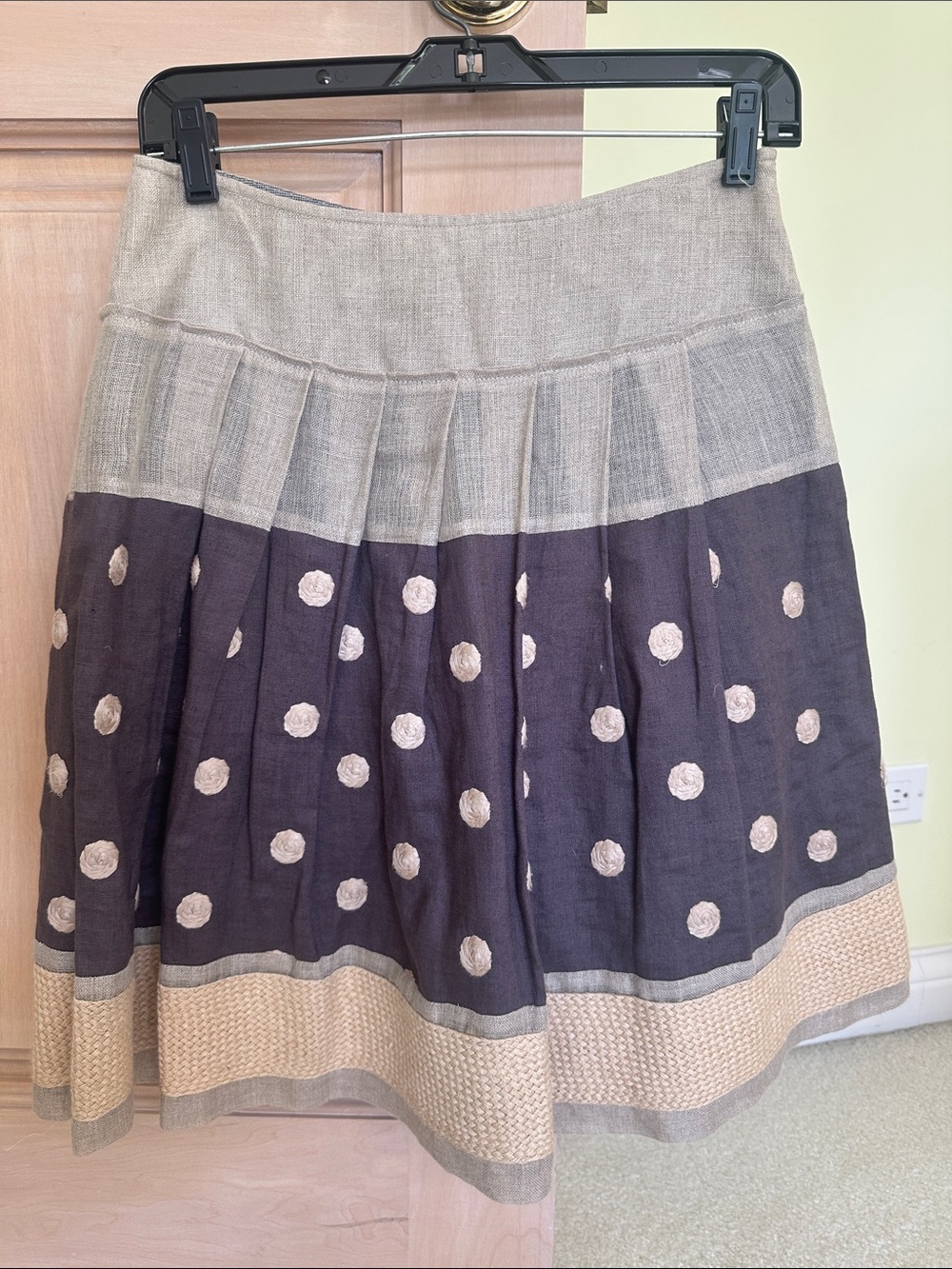 Tocca Polka Dot A-Line Skirt in Dark Brown and Beige linen